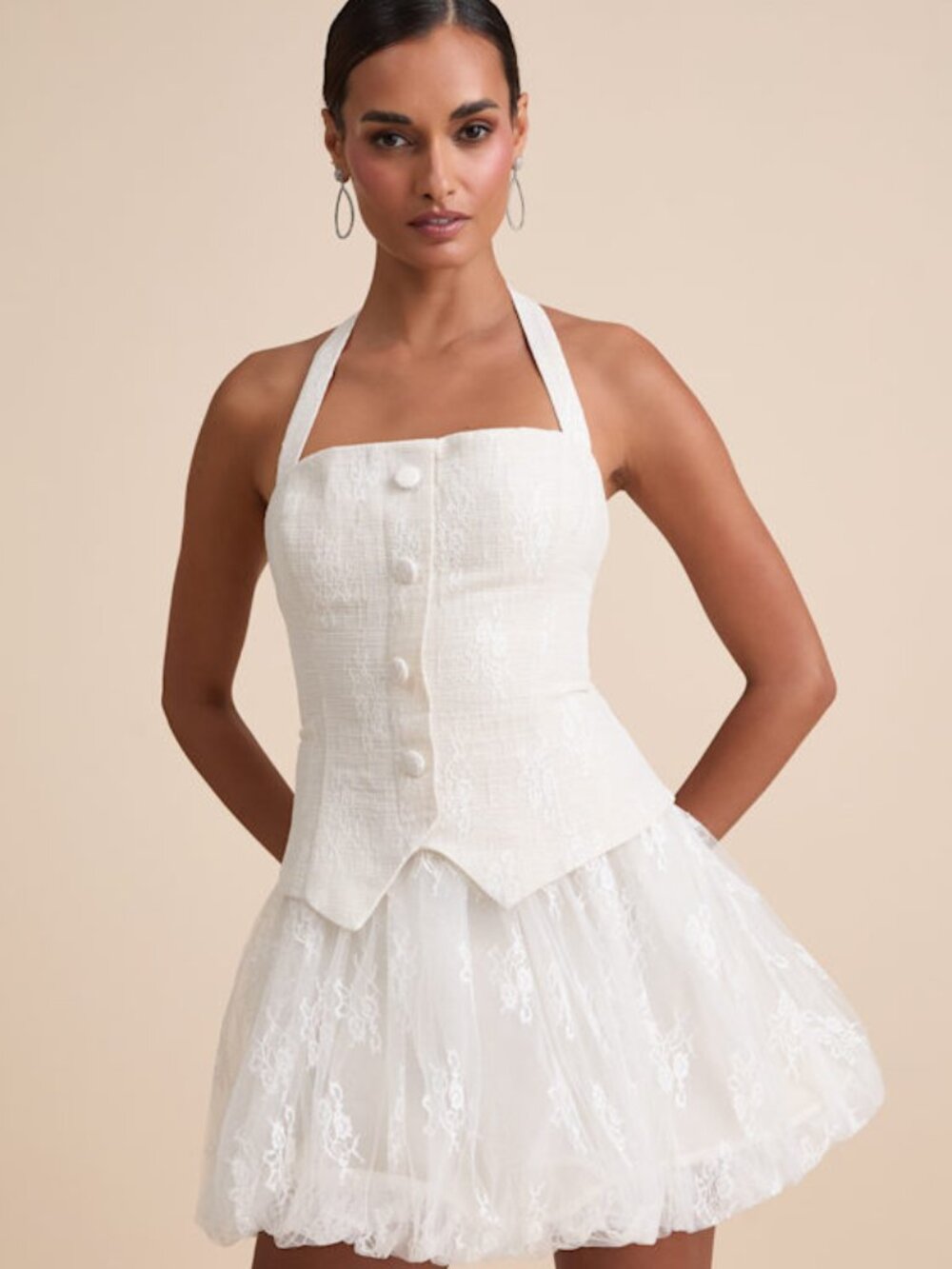 Lulus Ottoline Ivory Mixed-media Bubble-hem Halter Mini Dress White - Size M
